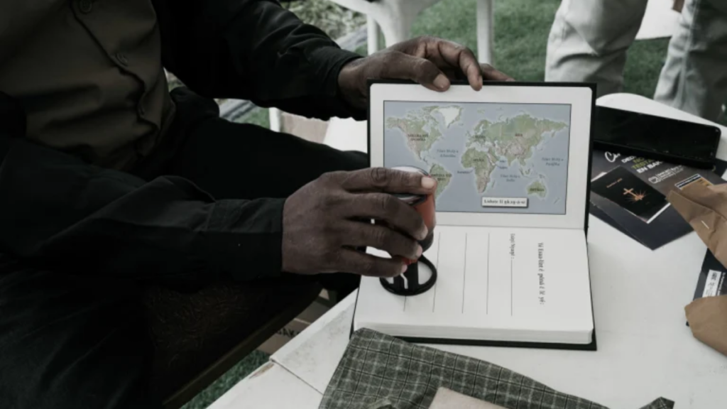 Hands holding a Bible that contains a historical map inside