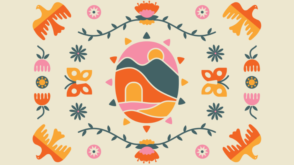 pastel colored floral and sunrise graphic