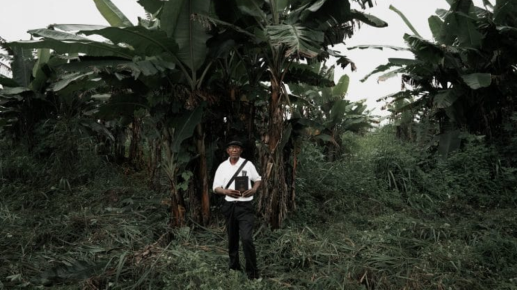 Person in the distance holding a Bible